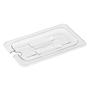 Fourth-Size Clear Polycarbonate Notched Food Pan Cover w/Handle - 10 3/7" L x 6 7/16" W by HUBERT – Polycarbonate (PC), Clear, Model 107023