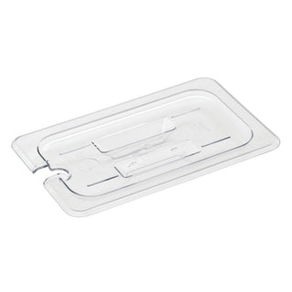 Fourth-Size Clear Polycarbonate Notched Food Pan Cover w/Handle - 10 3/7" L x 6 7/16" W by HUBERT – Polycarbonate (PC), Clear, Model 107023