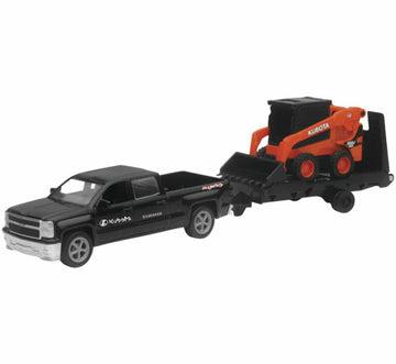 New Ray New 10" KUBOTA Collection - Kubota SSV65 Skid Steer with Black Chevy Pickup & Trailer (Orange by NewRay – 10.75 inches, Metal, Black, Model 093577342031