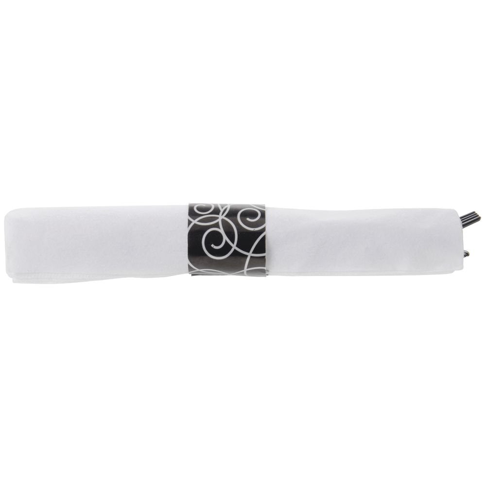 CaterWrap Black Plastic Silverware and White 17"sq Napkin with Black Geometric Pattern Band by HUBERT – Plastic, Black, Pack of 100, Model 119971