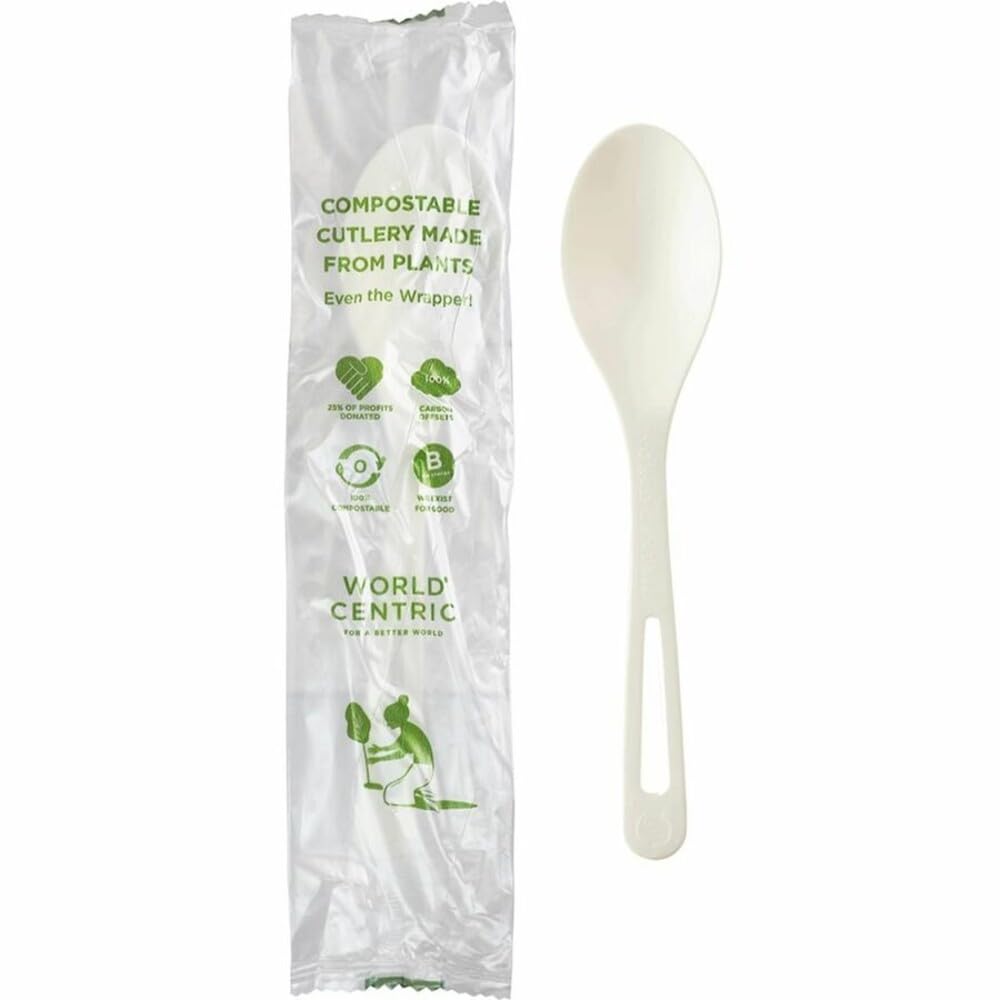 World Centric SP-PS-I Compostable TPLA 6" Spoons – Individually Wrapped (Pack of 750)