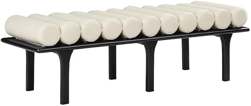 Starlight Canyon Home Vegan Leather-Upholstered Bench with Black Rubberwood Legs, Upholstered Ottoman Bench for Entryway or Bedroom, Cream Vegan Leather