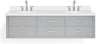 ARIEL Hutton 73 in. Double Oval Sink Floating Wall Vanity with 1.5" Inch White Quartz Countertop in Grey