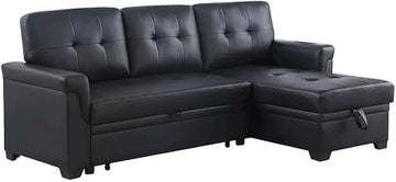 Furnifact Vegan Leather-Upholstered Sectional with Reversible Storage Chaise, Pull-Out Sleeper Sofa Couch for Living Room Bedroom
