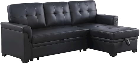 Furnifact Vegan Leather-Upholstered Sectional with Reversible Storage Chaise, Pull-Out Sleeper Sofa Couch for Living Room Bedroom