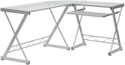 Clear L-Shaped Tempered Glass Top Computer Desk, Pull-Out Keyboard Panel, Modern Design, Sturdy Steel Frame, Home or Office Use