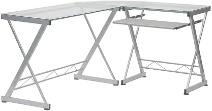 Clear L-Shaped Tempered Glass Top Computer Desk, Pull-Out Keyboard Panel, Modern Design, Sturdy Steel Frame, Home or Office Use