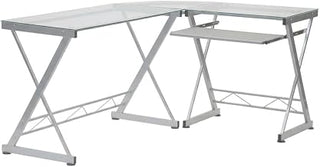 Clear L-Shaped Tempered Glass Top Computer Desk, Pull-Out Keyboard Panel, Modern Design, Sturdy Steel Frame, Home or Office Use