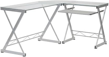 Clear L-Shaped Tempered Glass Top Computer Desk, Pull-Out Keyboard Panel, Modern Design, Sturdy Steel Frame, Home or Office Use