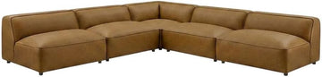 Furnifact Vegan Leather-Upholstered Modular Sofa 5-Piece Armless L-Shaped Set, Sectional Couch for Living Room and Sofas, Camel