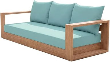 Blue Fabric Outdoor Sofa with Cushions, Teak Finish, Contemporary Style, Weather-Resistant, Patio and Garden Lounge