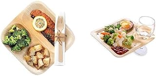 Bundle: Square Bamboo Dinner Sets, 100 Durable Plates And Cutlery Sets - 7-Inch Plates With Cup Holders, With 6.75-Inch Spoons, Forks, Knives, Disposable, Bamboo Plates With Cutlery - Restaurantware