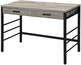 Weathered Oak and Black Finish Writing Desk, USB Port, Cable Management, Durable PVC Veneer, Particle Board and Metal Construction
