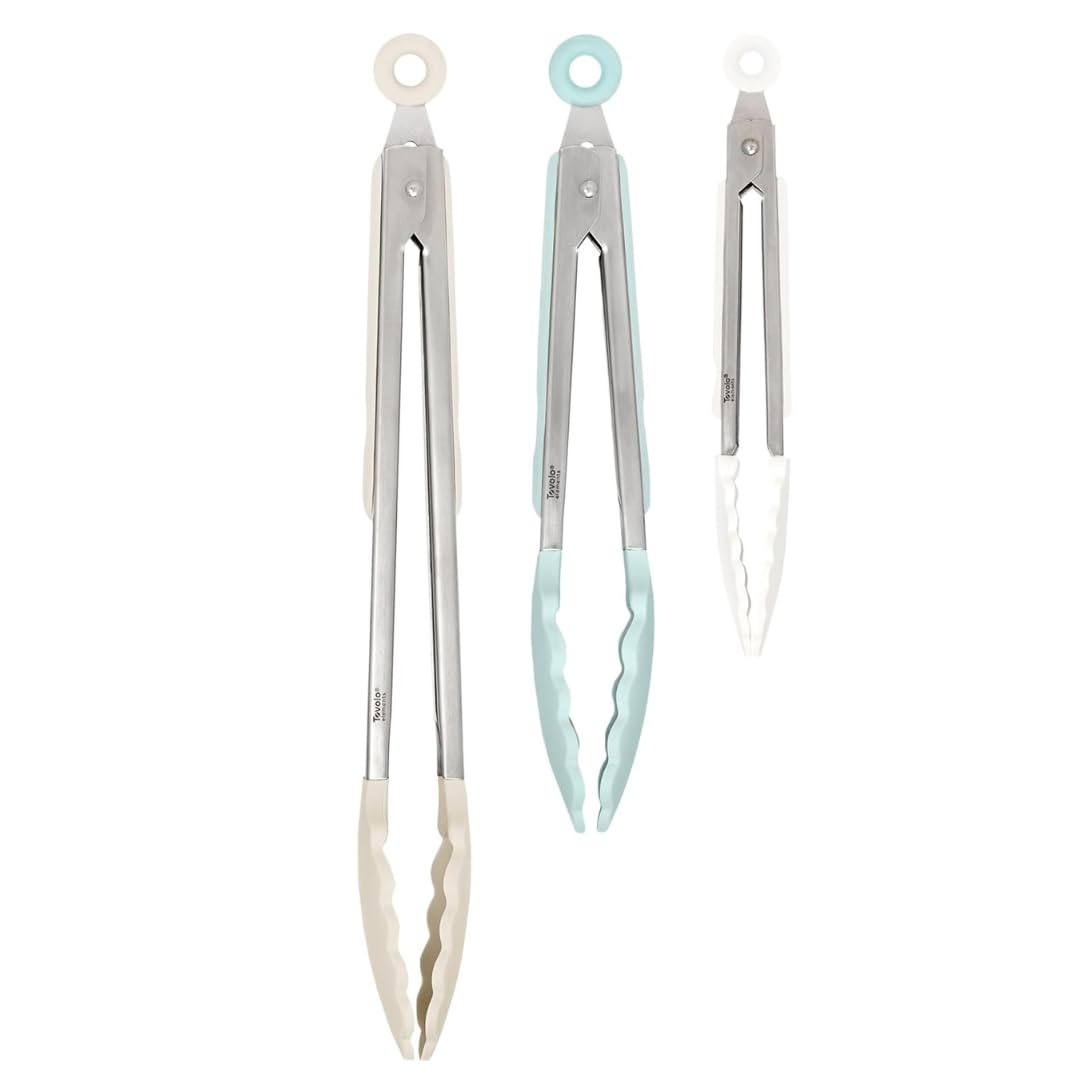 Stainless Steel Tongs with Silicone Tips Set of 3 Mini 7” 9” 12 Inch with Easy Lock Mechanism for Cooking Grilling Air Fryer Serving by Tovolo – 7", 9" & 12", Model 1000899