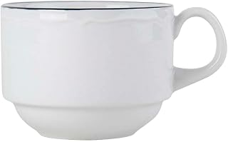 Tuxton Charleston Blue Banded Scalloped Rim 8-Ounce Stackable Cup, Case of 36, Blue/Bright White; Scratch Resistant; Chip Resistant; Lead & Cadmium Free; Dishwasher, Microwave, Oven Safe