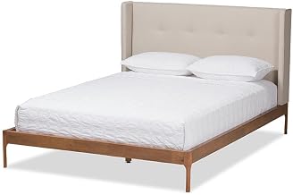 Furnifact King Size Bed, Mid-Century Walnut Finish Bed Frame with Beige Polyester Fabric Upholstery and Rubberwood Construction