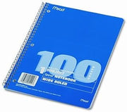Mead Spiral Bound Notebook, Wide/Margin Rule,10-1/2x8,White,1 Subject 100 Sheets/Pad