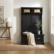 Furnifact Birch Veneer Hall Tree with Beadboard Panels, Bench Seat, Double Hooks, Storage Cabinets, Coat Rack for Entryway Mudroom, Distressed Black - image 3