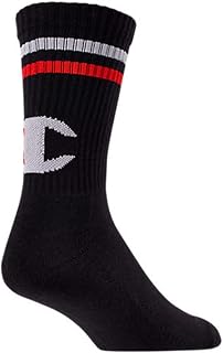 Champion LIFE Men's Big C Crew Sock, Black/Stripe, 10-13