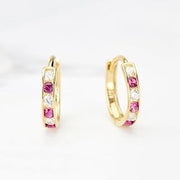 Vintage Red Birthstone Channel Hoop Earrings Golden Piercing Cartilage Hoops