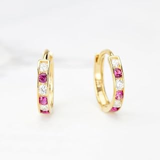 Vintage Red Birthstone Channel Hoop Earrings Golden Piercing Cartilage Hoops