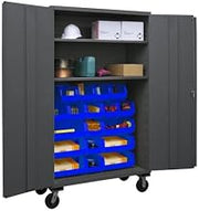Durham 3502M-BLP-18-2S-5295 Lockable Mobile Cabinet with 18 Blue Hook-On Bins, 2 Adjustable Shelves, Flush Door Style, 48" Wide, 14 Gauge, Gray