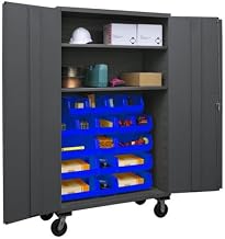 Durham 3502M-BLP-18-2S-5295 Lockable Mobile Cabinet with 18 Blue Hook-On Bins, 2 Adjustable Shelves, Flush Door Style, 48" Wide, 14 Gauge, Gray