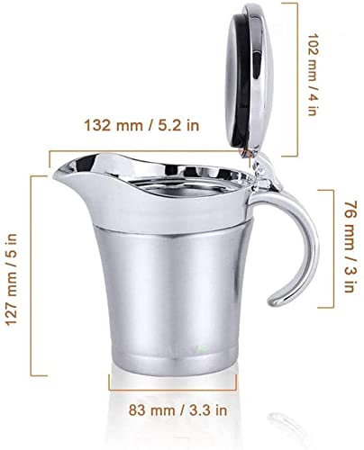 Dikedon Double Wall Gravy Boat, 16 oz Insulated Stainless Steel with Hinged Lid, Silver