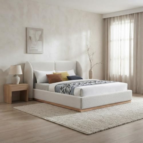 Starlight Canyon Home Boucle-Upholstered Wingback Platform Bed with Solid Wood Legs, King Size Bed Frame with Headboard, Cream Boucle Fabric - image 3