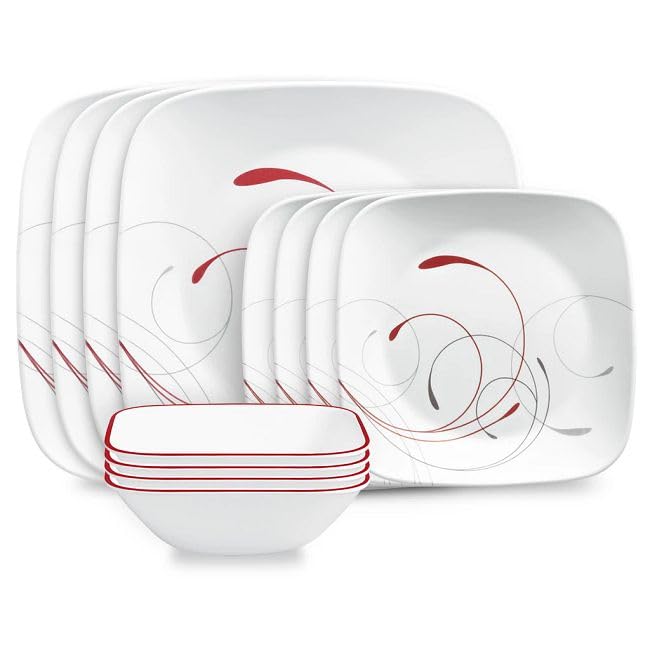 Square Splendor 12-piece Dinnerware Set by Corelle – Glass, Red, Pack of 12, Model 1142725