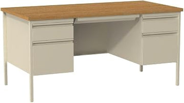 Hirsh Double Pedestal Office Desk Center Drawer 30" Dx60 W, Putty/Oak