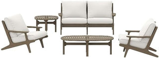 Modway Saratoga 5-Piece Teak Wood Outdoor Furniture Set in Weathered Gray White - Patio Conversation Set with Loveseat, 2 Armchairs, Side Table and Coffee Table