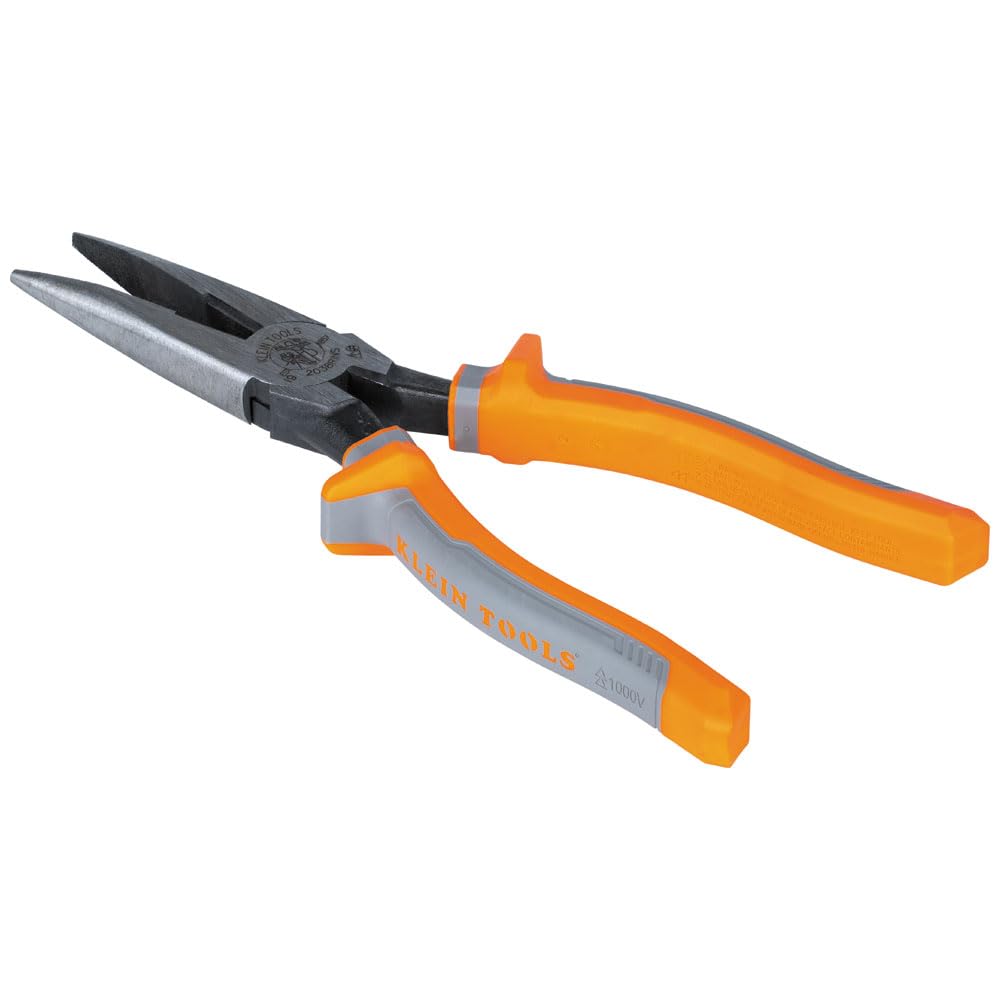 Pliers, Made in USA, Electrician's Insulated Long Nose Side-Cutting Pliers, 1000V Rated, Induction Hardened Knives, 8-Inch by KLEIN TOOLS – Long Nose Cutters, Model 2038RINS