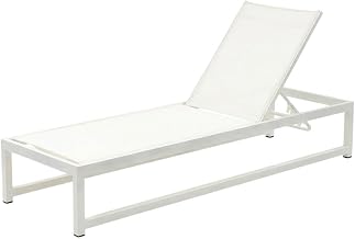 Cream Mesh Fabric Outdoor Patio Sun Chaise Lounge Chair with Adjustable Back, Contemporary Style, Durable Frame for Poolside and Garden Use