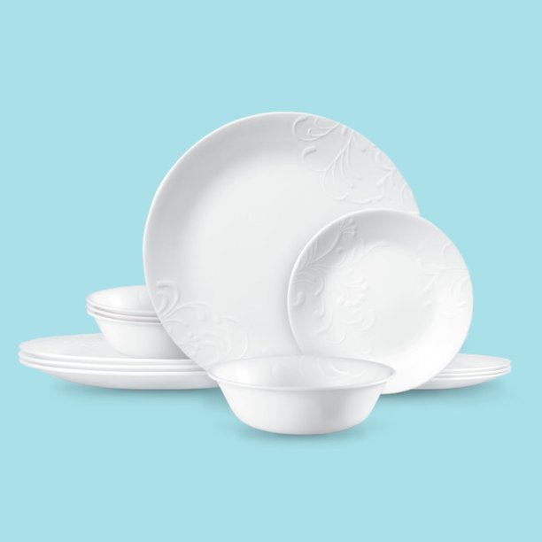 Madeline Embossed 12 Piece White Dinnerware Set by Corelle – Glass, White, Pack of 12, Model 3446AB