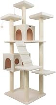 Pressed Wood Cat Tree with Sisal-Wrapped Posts, Multi-Level Climbing Tower with Ramp, Dual Condos and Perches for Cats