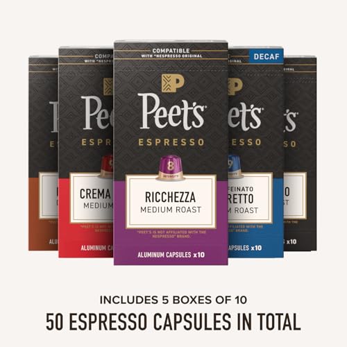 Peet's Coffee Variety Pack with Decaf / 10 Count (Pack of 5) / Variety Pack with Decaf - 50 Capsules Single-Serve Capsules & Pods