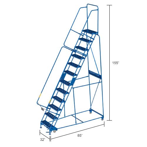 12 Step Steel Rolling Ladder with 24" W Perforated Step by Global Industrial – Alloy Steel, Blue, Model GPL123210P