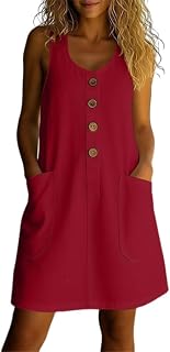 New Women's Fashion Casual Solid Color Button-Up U-Neck Sleeveless Linen-Like Dress