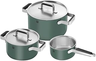 ZWILLING Pure Cookware Green, Set of 3 3Ply Stainless Steel Coloured Ceramic Outer Coating Stay Cool Handles Dishwasher Safe