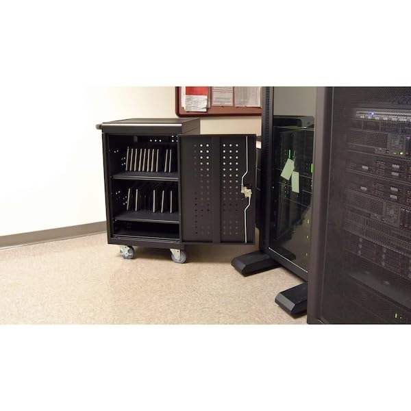 Mobile Home Office Tablet Charging Station by Luxor – 20"L x 26"W x 36"H, Stainless Steel, Black, Model LLTM30-B