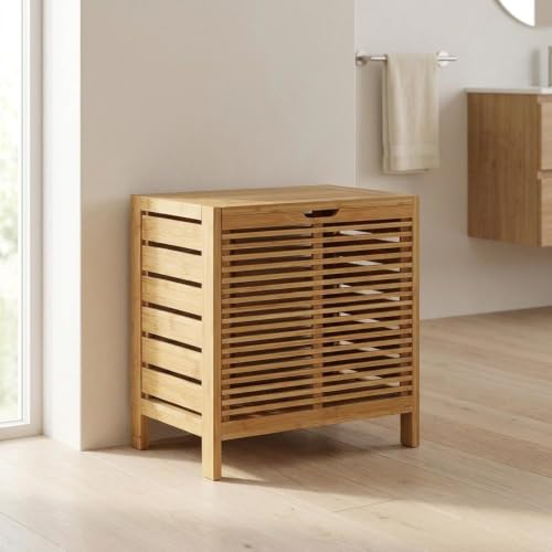 FurniFact Solid Bamboo Hamper with Hinged Lid, Spacious Laundry Basket with Safety Hinge for Bedroom, Bathroom, or Closet, Brown - image 4