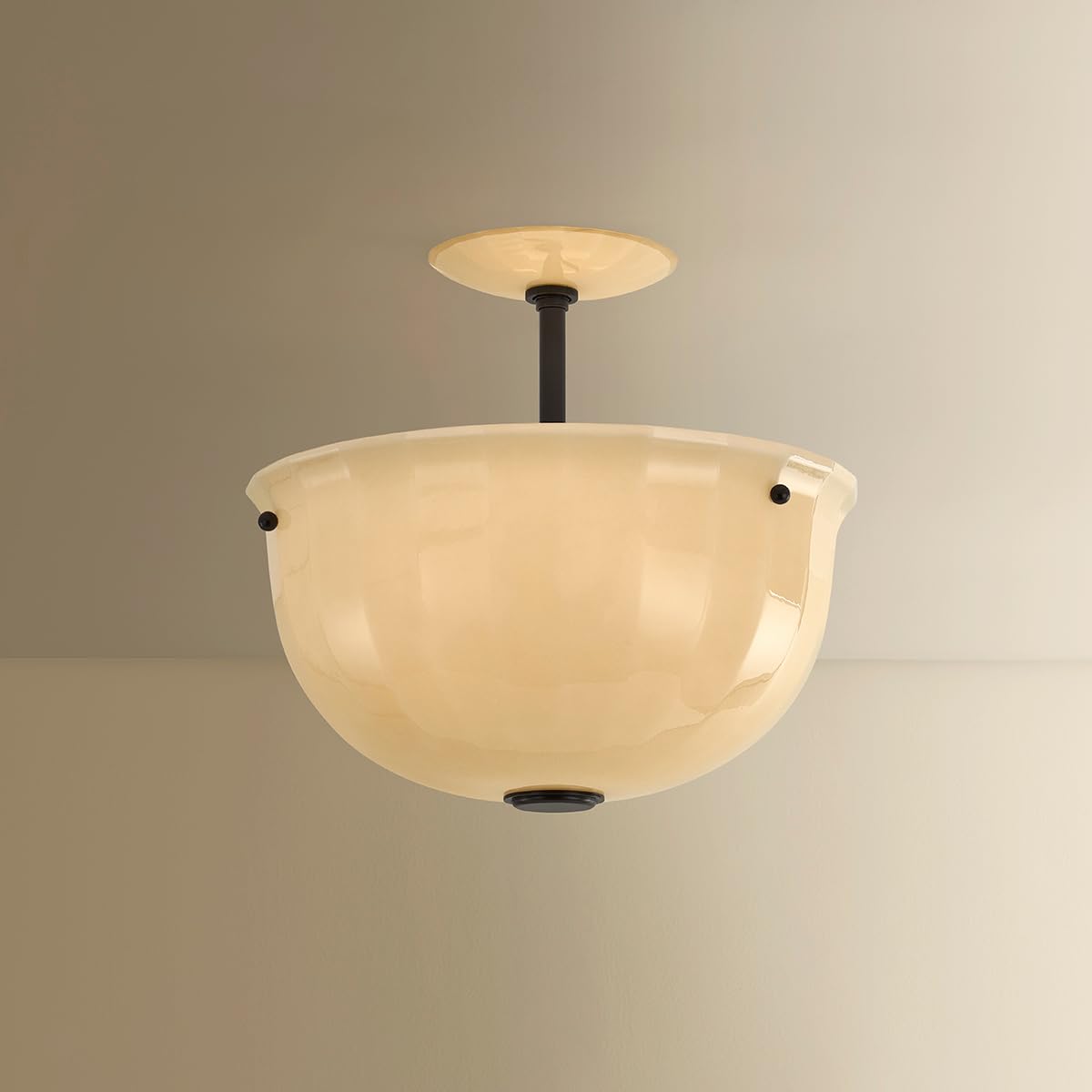 Nevins 1-Light Semi Flush | Essential Style | Distressed Bronze Finish | Glass Shade | Damp-Rated for Bathroom Use | 14" Dia x 13" H | Etched with Optic Shade | -DB by Hudson