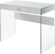 White 1 Drawer Glass Desk with Modern Contemporary Style, Tempered Clear Glass Top, 36 Inch Width for Office Workspace