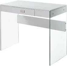 White 1 Drawer Glass Desk with Modern Contemporary Style, Tempered Clear Glass Top, 36 Inch Width for Office Workspace