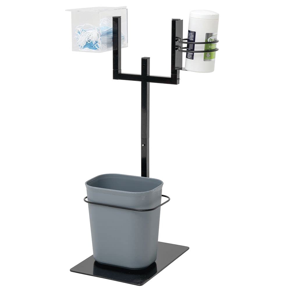 Double Arm Modular Sanitizer Stand with Trash Can - 15 1/5" L x 12 3/5" W x 29" H by HUBERT – Steel, Black, Model 19617/28368/247