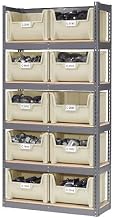 Global Industrial 5 Shelf Boltless Steel Shelving with (10) Plastic Hopper Bins, Beige, 42x15x84