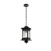 Collins One Light Outdoor Pendant Black by Lighting Design – Iron, Black, Model OD316H18BK