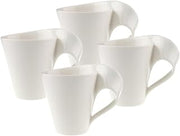 Villeroy & Boch NewWave Caffe Collection Coffee Mug, Set of 4, Premium Porcelain, Made in Germany, 8 oz Capacity, Rich, Creamy White | Four creamy white porcelain mugs, wave-textured handles, made in Germany, dishwasher and microwave safe, great for a crowd