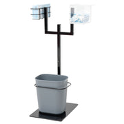 Double Arm Modular Sanitizer Stand with Trash Can - 15 1/5" L x 12 3/5" W x 29" H by HUBERT – Steel, Black, Model 19617/28368/247